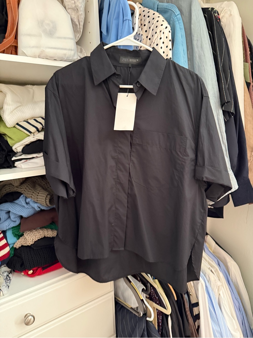 Zara collection cotton Black Short-Sleeve Button Shirt Sz M NWT